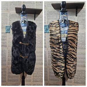 Vintage Hollywood Fur Vest Reversible Animal Print Black Brass Gold